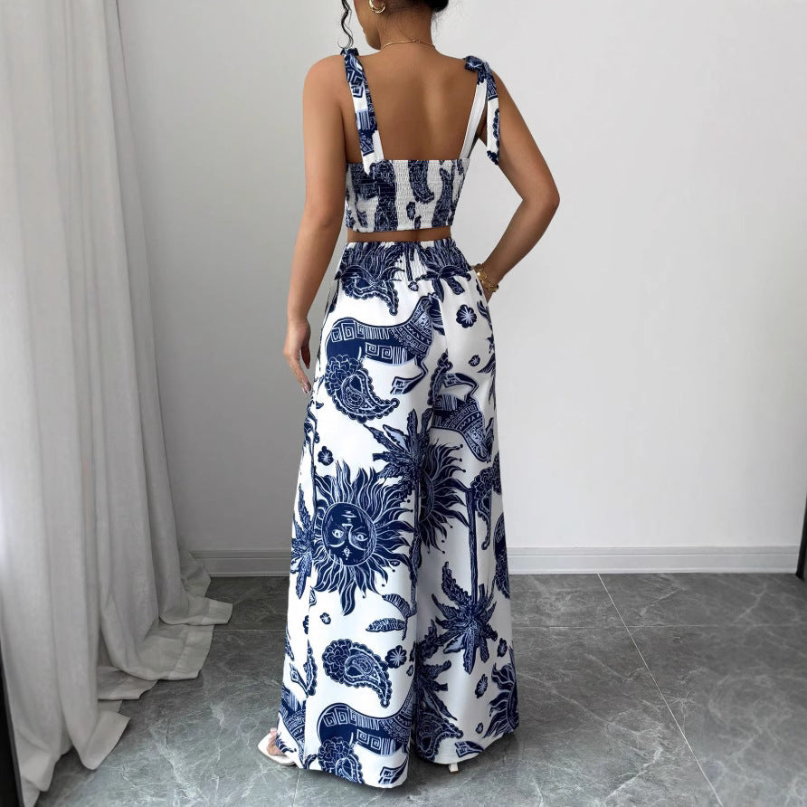 Sexy V-neck Camisole Top & Loose Waistband Wide-leg Pants