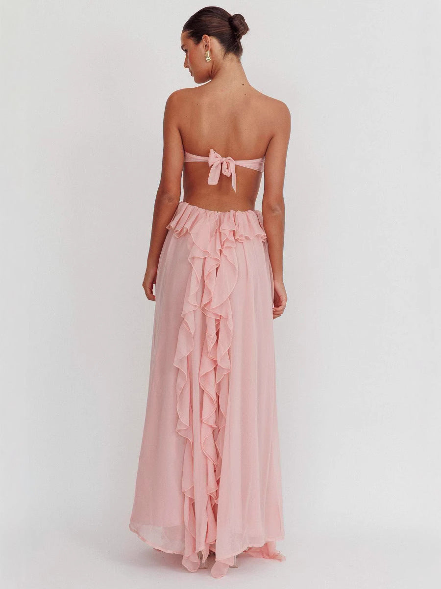 Sexy Tube Top Backless Lace Up Ruffled Long Skirt