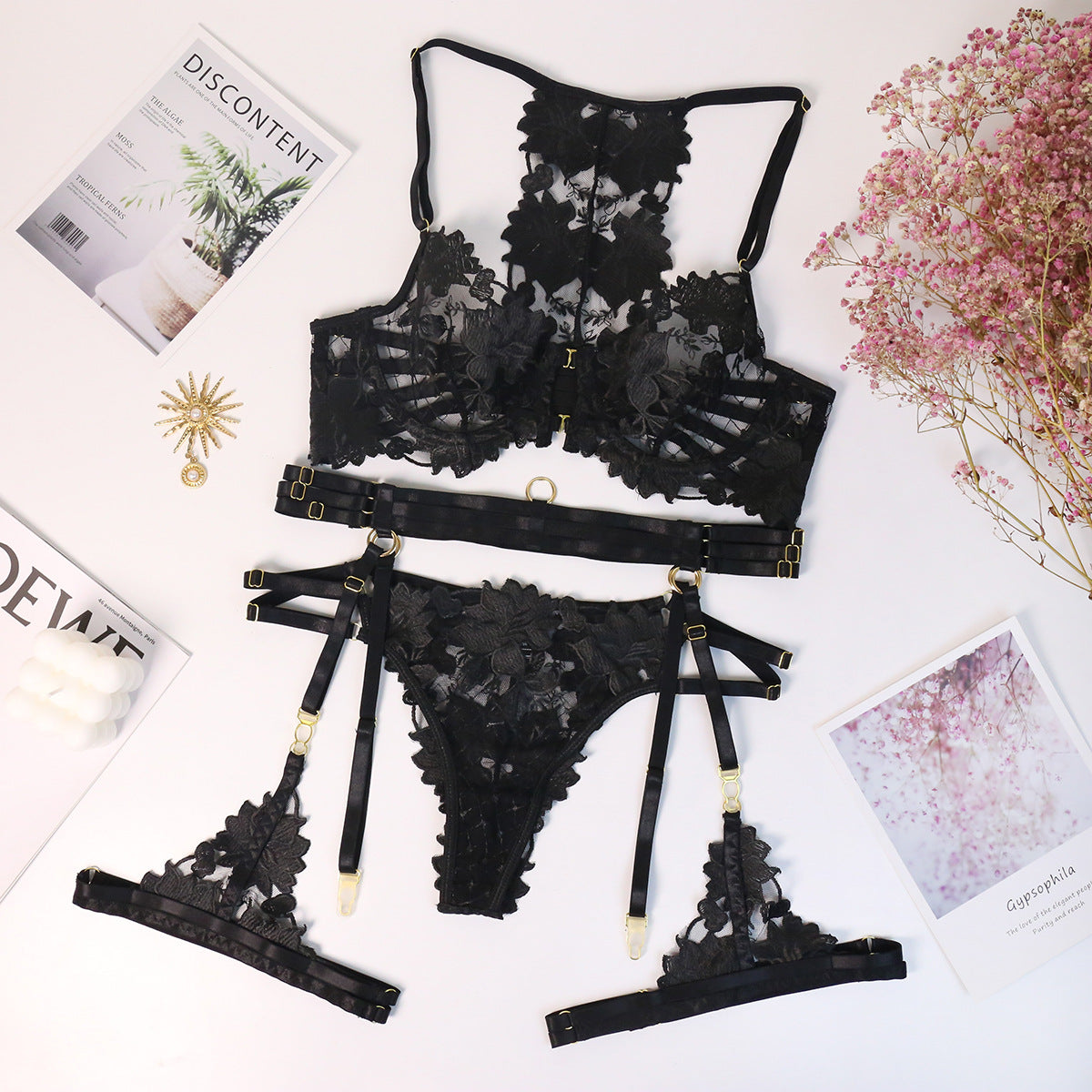 Embroidered Straps Push-Up Sexy Lingerie