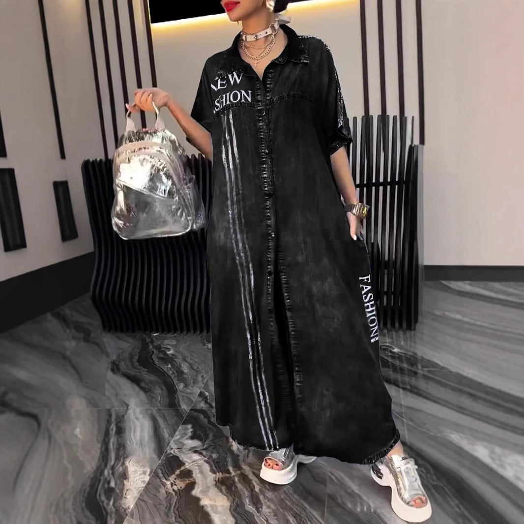 Casual Denim Letter Print Long Dress
