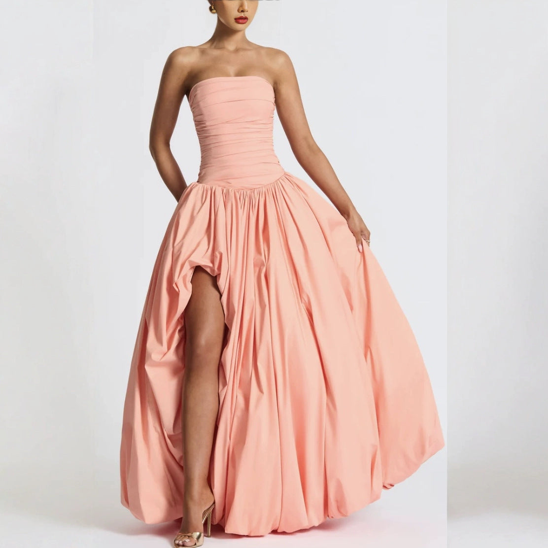 Strapless Slit Tie Solid Color Dress