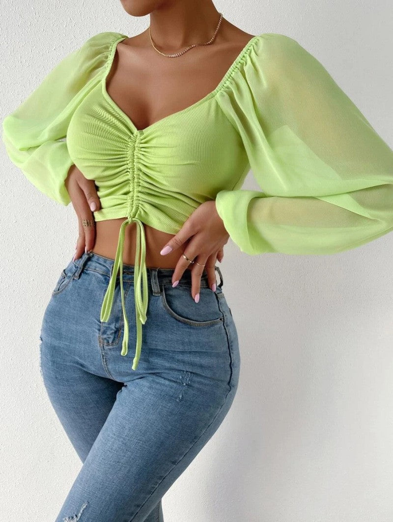 Low Cut Chiffon Patchwork Drawstring Bishop Sleeves Top