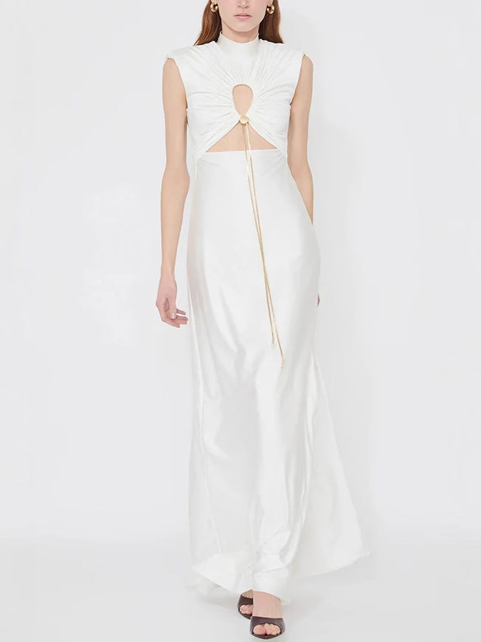 Solid Color Tie Neck Hollow Out Slim Fit Dress