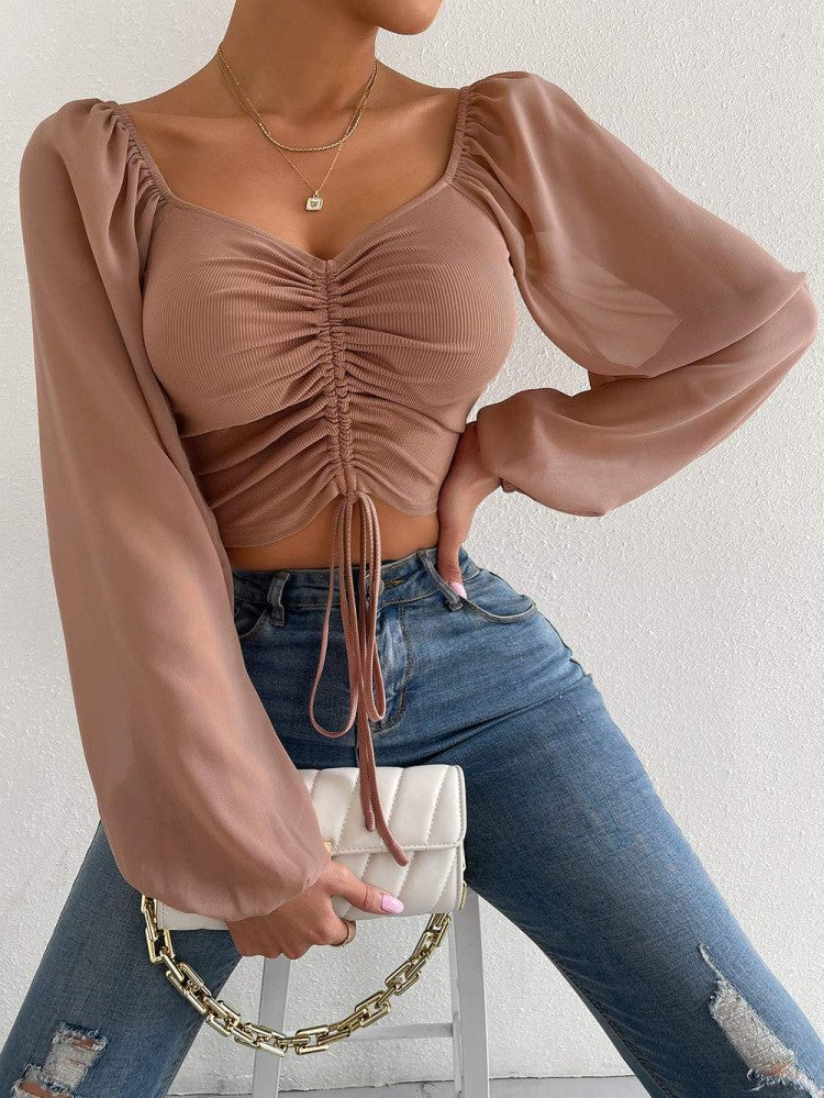 Low Cut Chiffon Patchwork Drawstring Bishop Sleeves Top