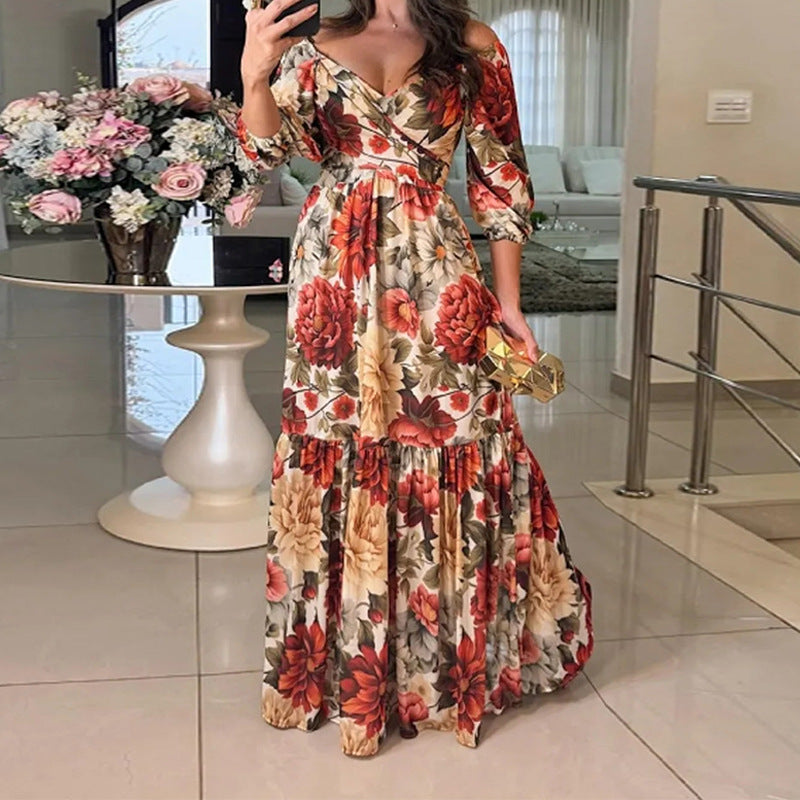Fashion V-neck Printing Long Sleeve Dress