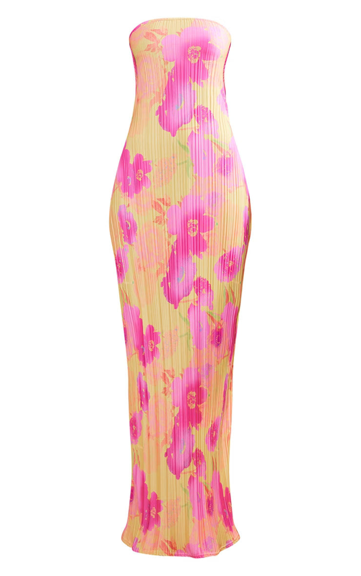 Tube Top Printed Pleated Slim-Fit Bow Long Dress