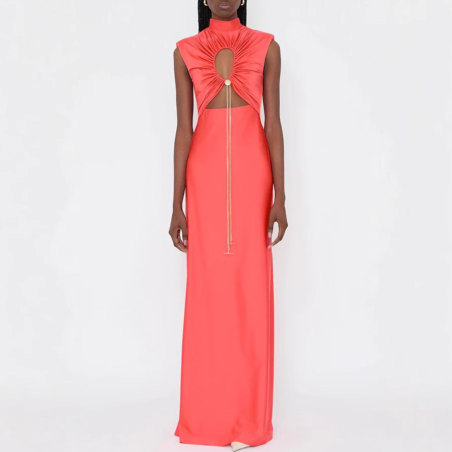 Solid Color Tie Neck Hollow Out Slim Fit Dress