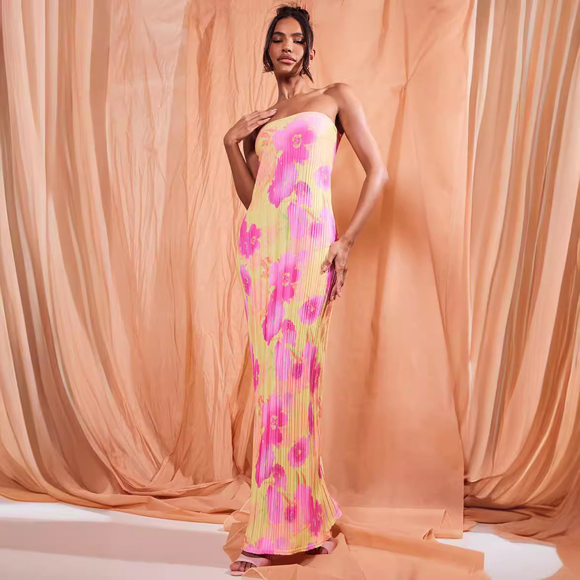 Tube Top Printed Pleated Slim-Fit Bow Long Dress