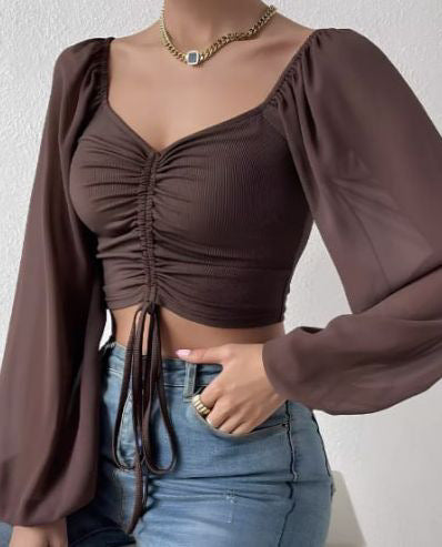 Low Cut Chiffon Patchwork Drawstring Bishop Sleeves Top