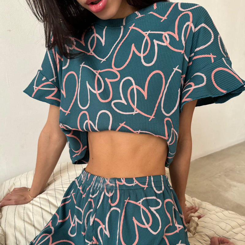 Ruffled Short Sleeve Round Neck Shorts Pajamas
