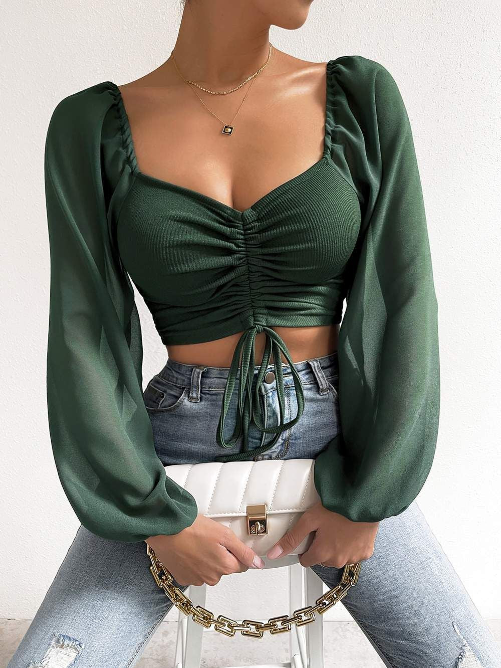 Low Cut Chiffon Patchwork Drawstring Bishop Sleeves Top