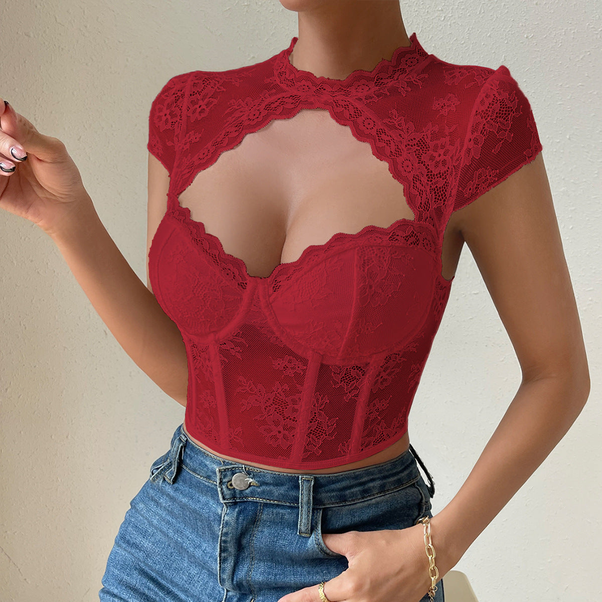 Lace rhombic Sexy Slim crop top short top