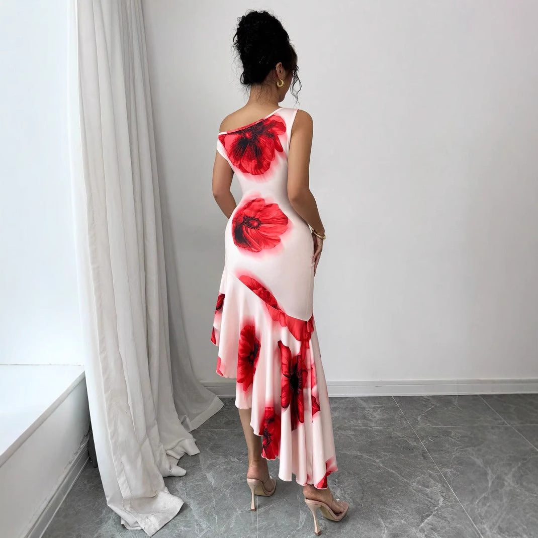 Asymmetric Hibiscus Floral Dress