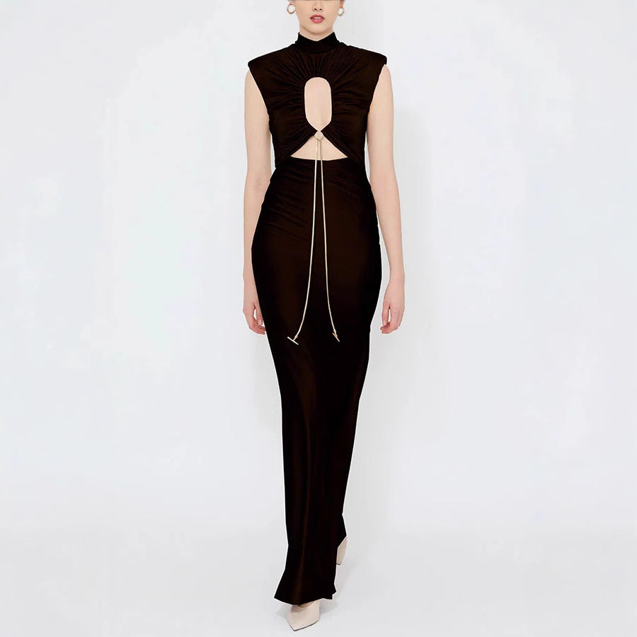Solid Color Tie Neck Hollow Out Slim Fit Dress