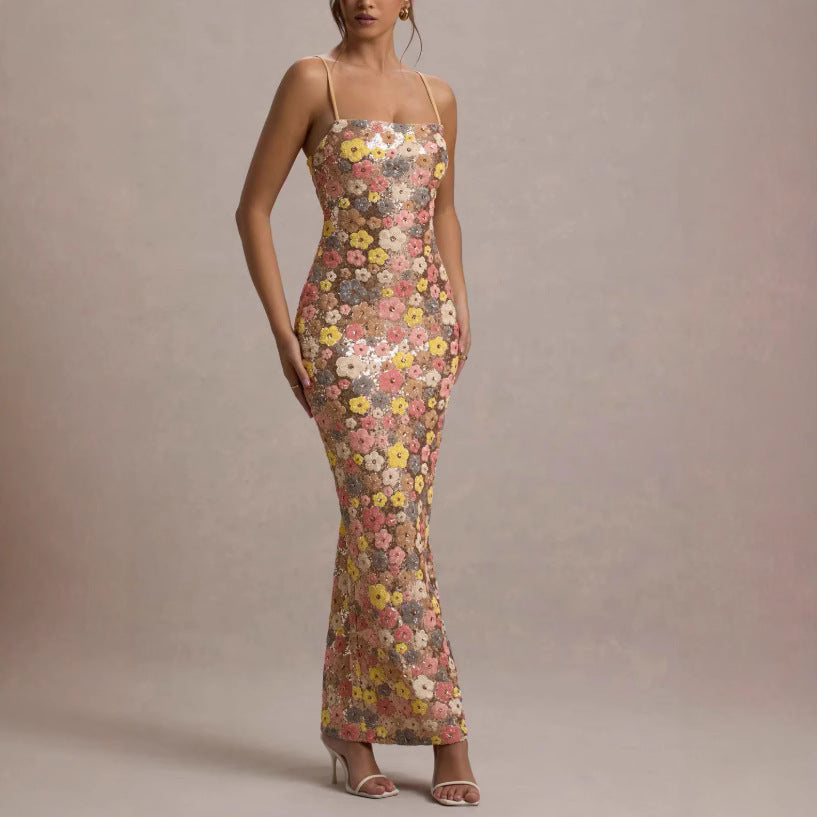 Sexy Spicy Girl Floral Print Sequin Square Neck Long Dress