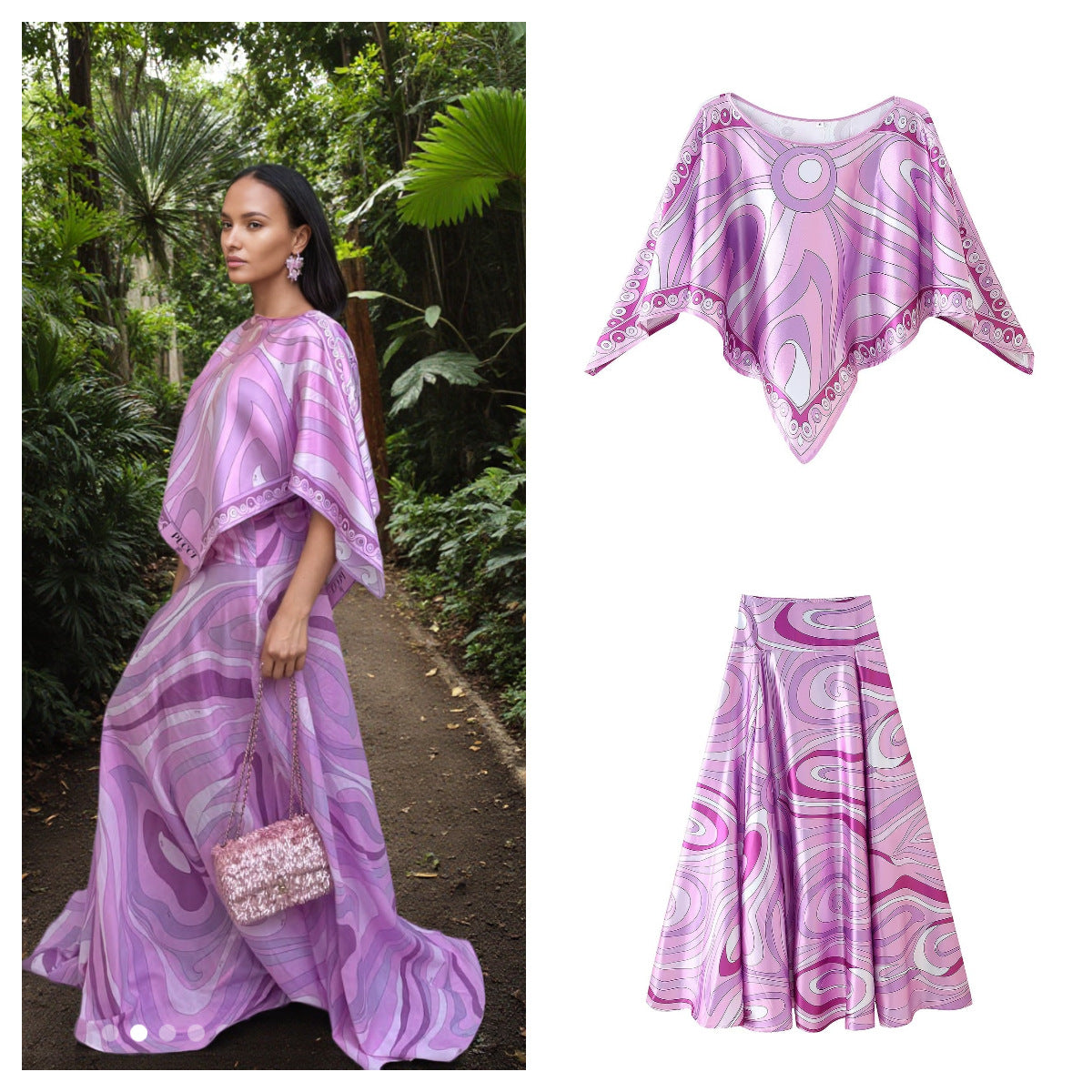Women's Casual Set Printed Color Top + Flared Printed Color Skirt