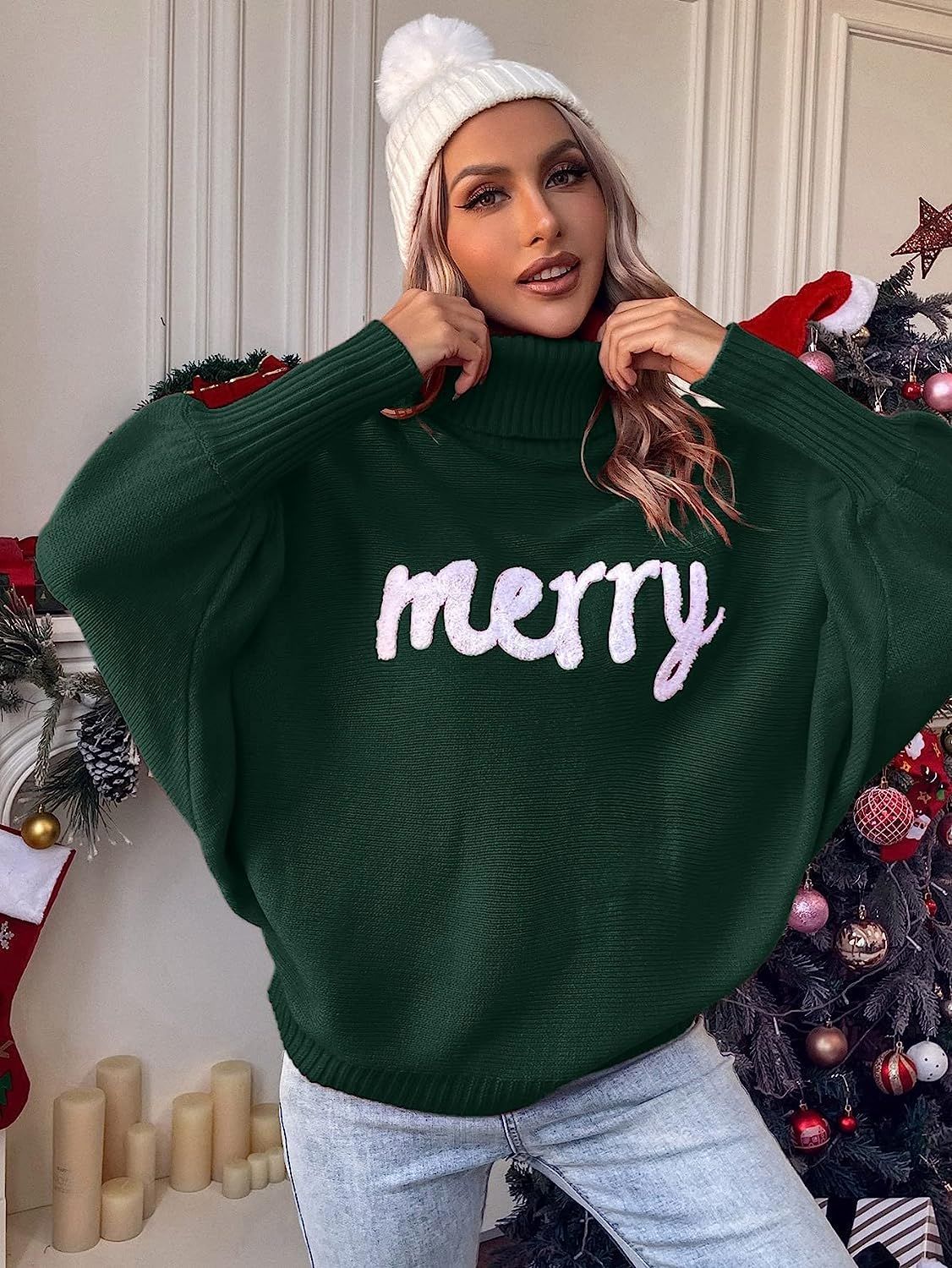 Christmas Embroidered High Collar Loose Knitted Sweater
