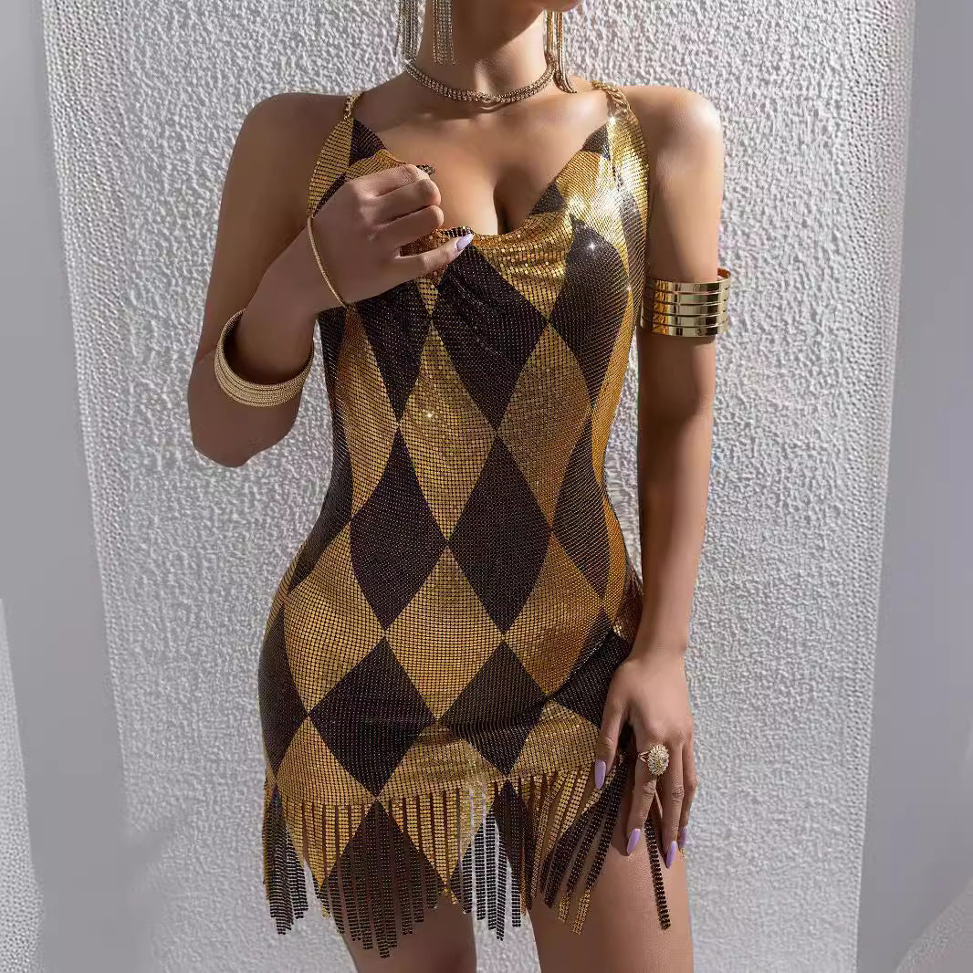 New metal splicing backless sexy dress