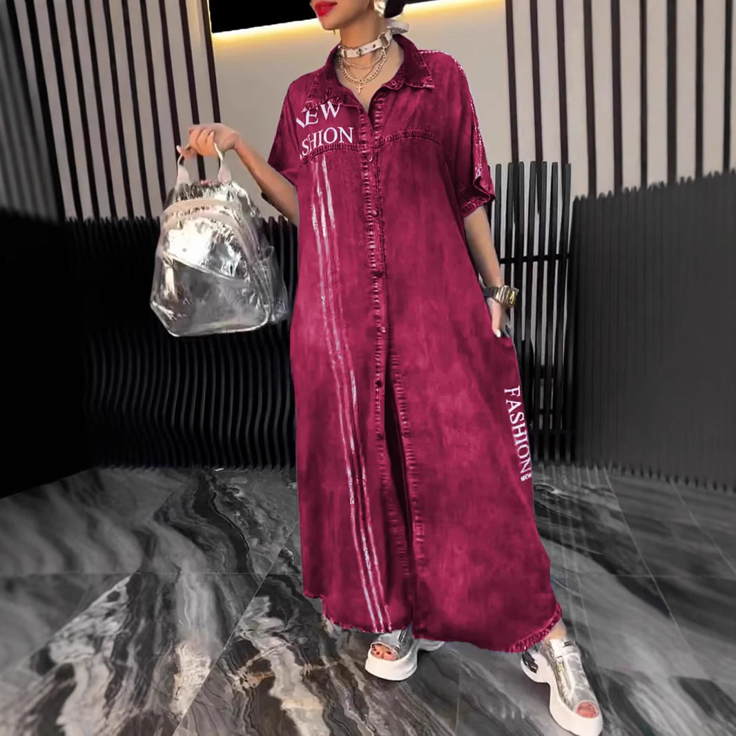 Casual Denim Letter Print Long Dress