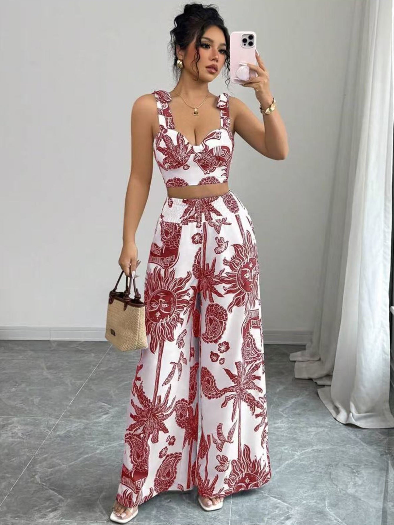 Sexy V-neck Camisole Top & Loose Waistband Wide-leg Pants