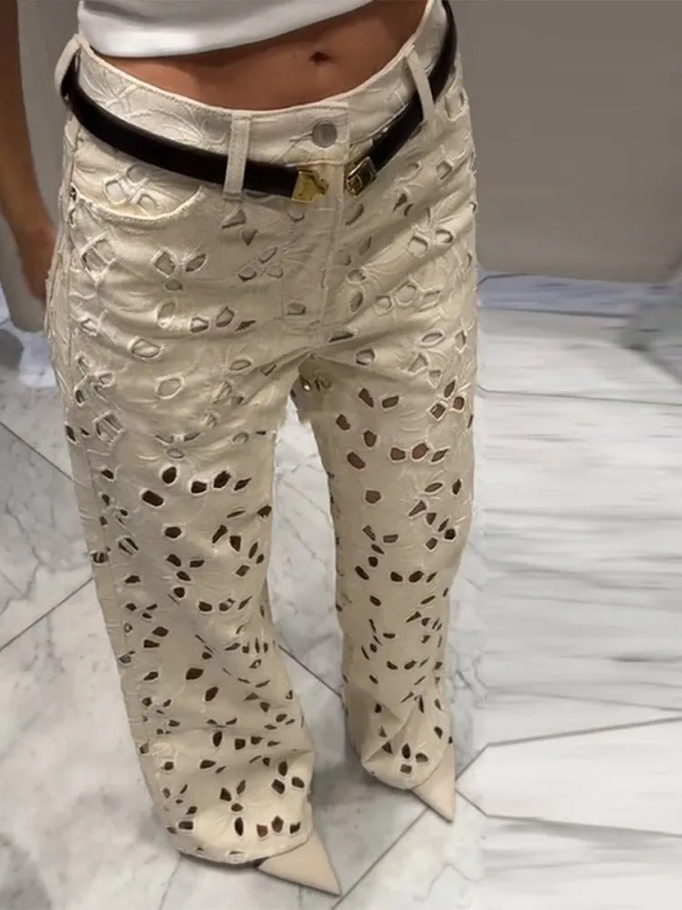 Chic Hollow Out High Waist Wide Leg Long Denim Pant