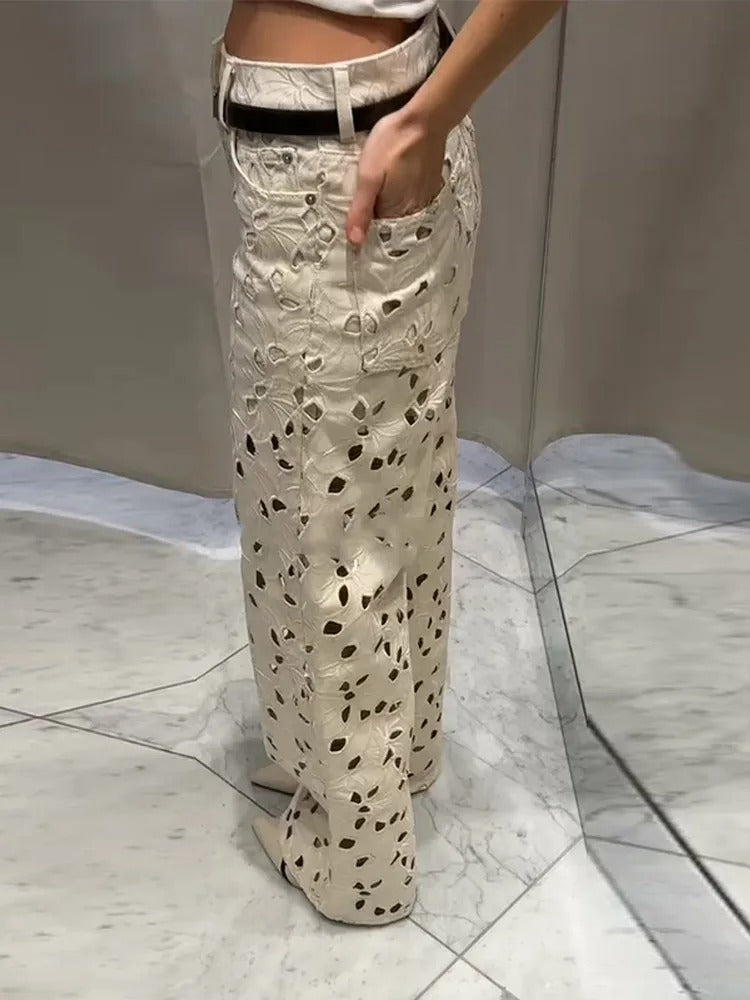 Chic Hollow Out High Waist Wide Leg Long Denim Pant