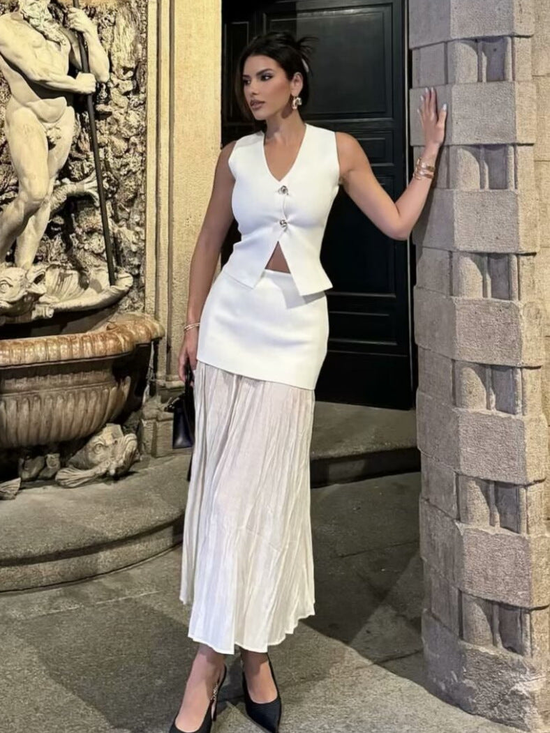 V-neck Button Knitted Vest & Pleated Skirt Set