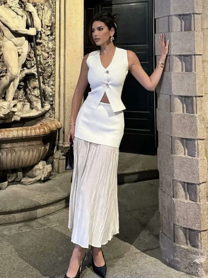 V-neck Button Knitted Vest & Pleated Skirt Set