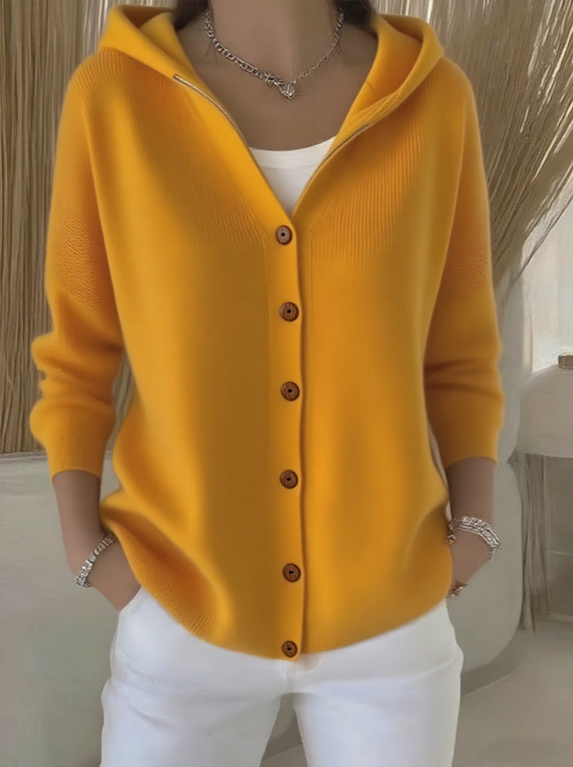 Solid Color Button Knitted Hooded Cardigan