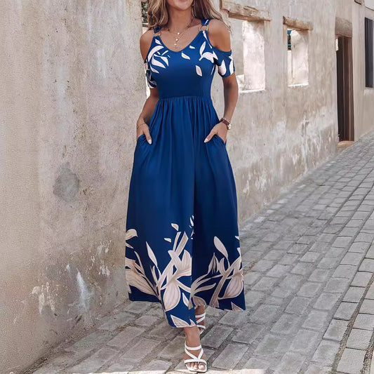 Fashion Shoulder-Baring Printed Waist-Controlled Long Dress