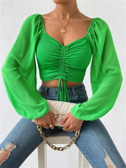 Low Cut Chiffon Patchwork Drawstring Bishop Sleeves Top