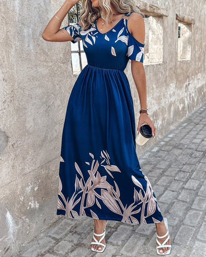 Fashion Shoulder-Baring Printed Waist-Controlled Long Dress