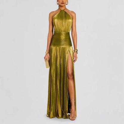 Pleated Split Tie Halter Dress
