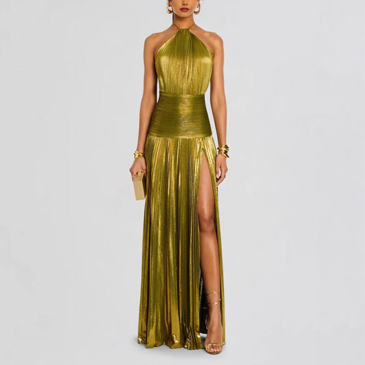 Pleated Split Tie Halter Dress