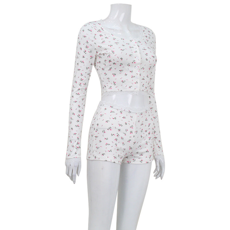 Printed Round Neck Tight Long Sleeve Shorts Homewear