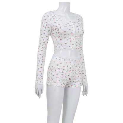 Printed Round Neck Tight Long Sleeve Shorts Homewear