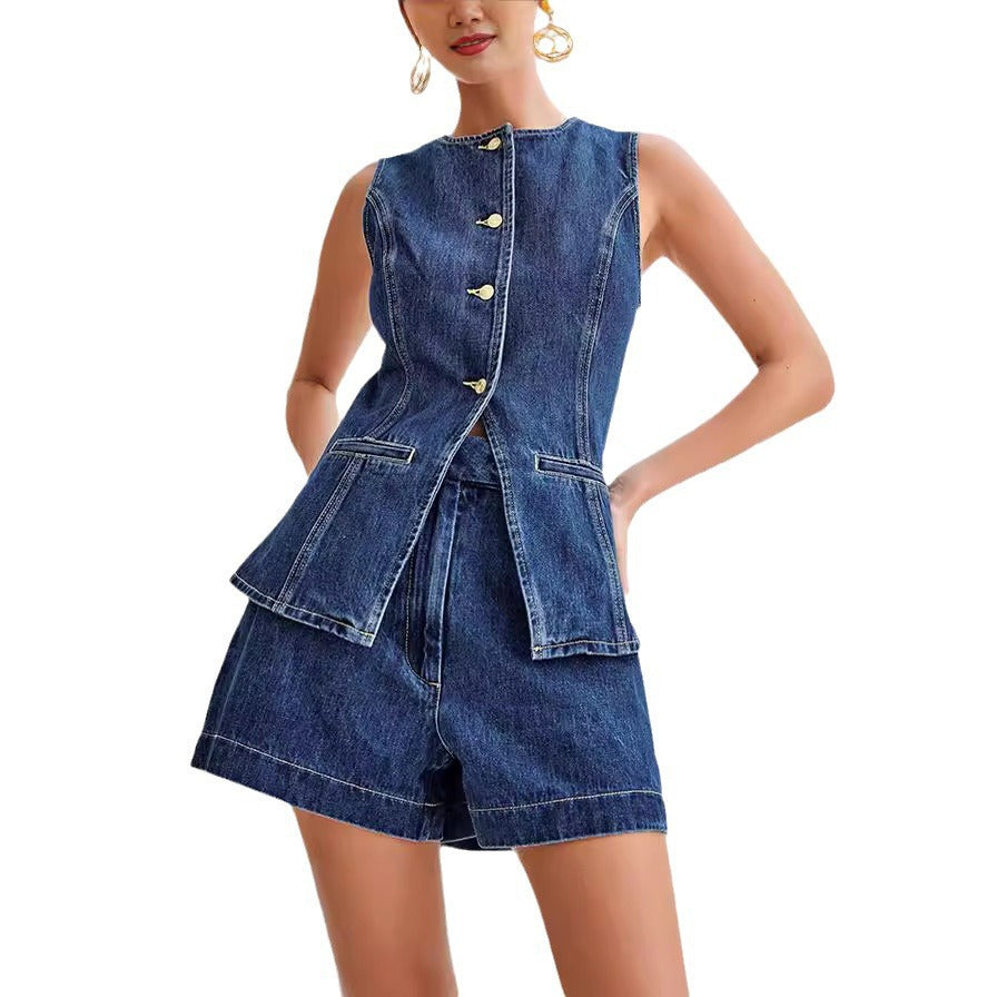 Fashion Casual Sleeveless High Waist Denim Suit