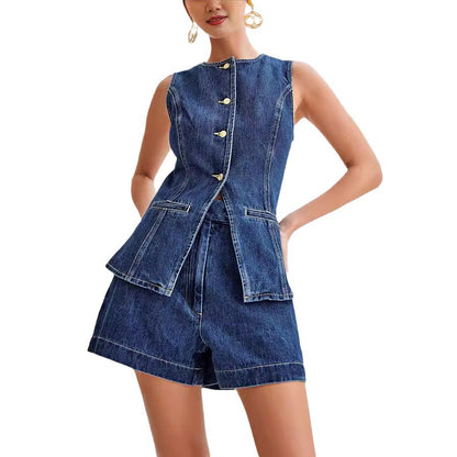 Fashion Casual Sleeveless High Waist Denim Suit