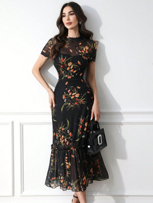 Elegant Gothic Floral Mesh Patchwork Dress