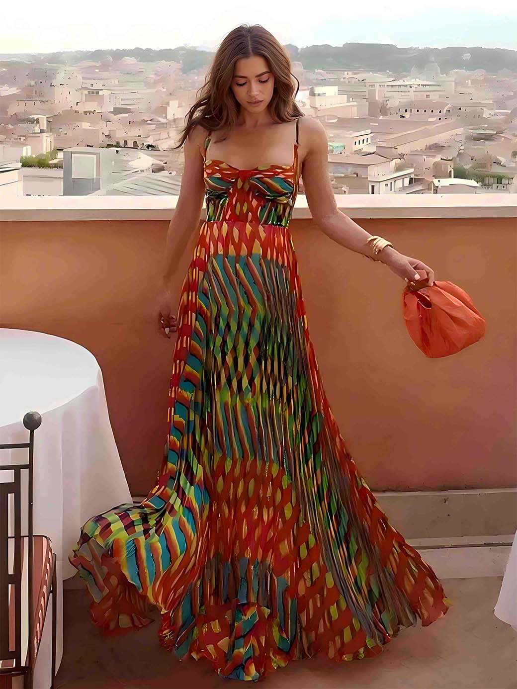 Spaghetti Strap Contrast Print Swing Maxi Vacation Dress