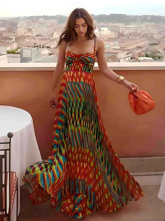 Spaghetti Strap Contrast Print Swing Maxi Vacation Dress