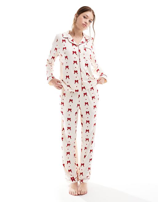 Exclusive poly red bow print PJs in cream
