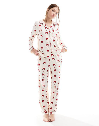 Exclusive poly red bow print PJs in cream