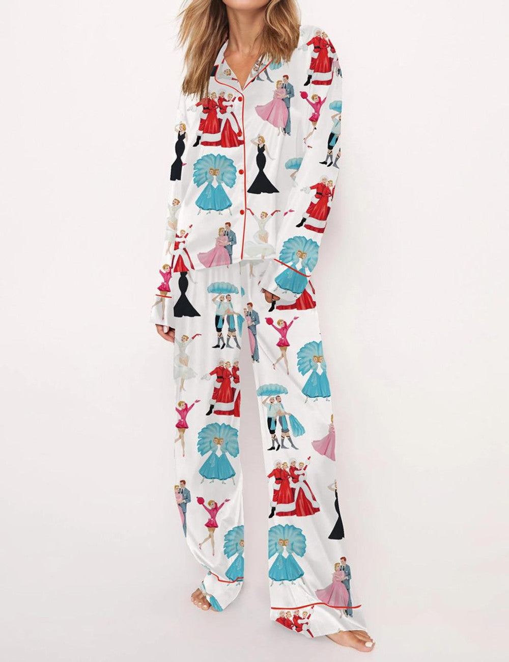 White Christmas Satin Pajama Set For Women