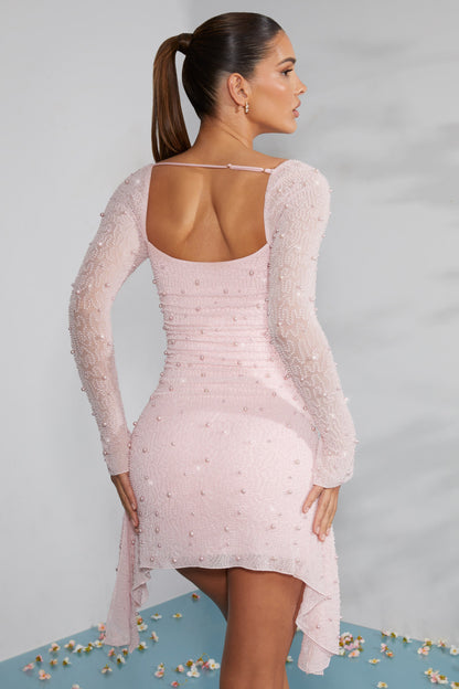 Long Sleeve Embellished Cowl Neck Mini Dress