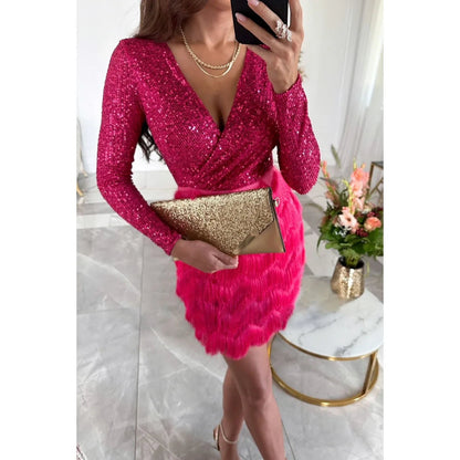 Long Sleeve Sequin Short Dress