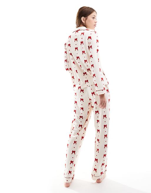 Exclusive poly red bow print PJs in cream