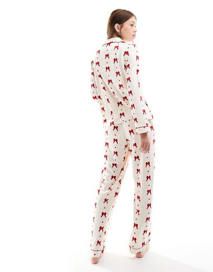 Exclusive poly red bow print PJs in cream