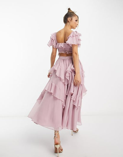 Flutter Sleeve Ruched Corset Detail Tiered Midi Dress