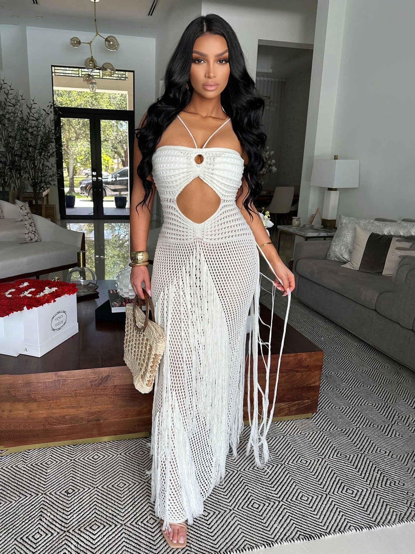 Crochet Cutout Fringe Halter Maxi Dress